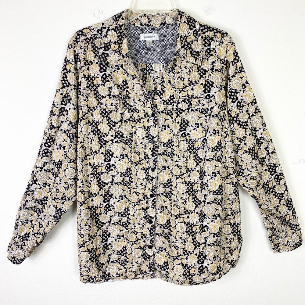 Dressbarn Yellow & Black Floral Woven Stripe Long Sleeve Button Up Shirt Size 2X